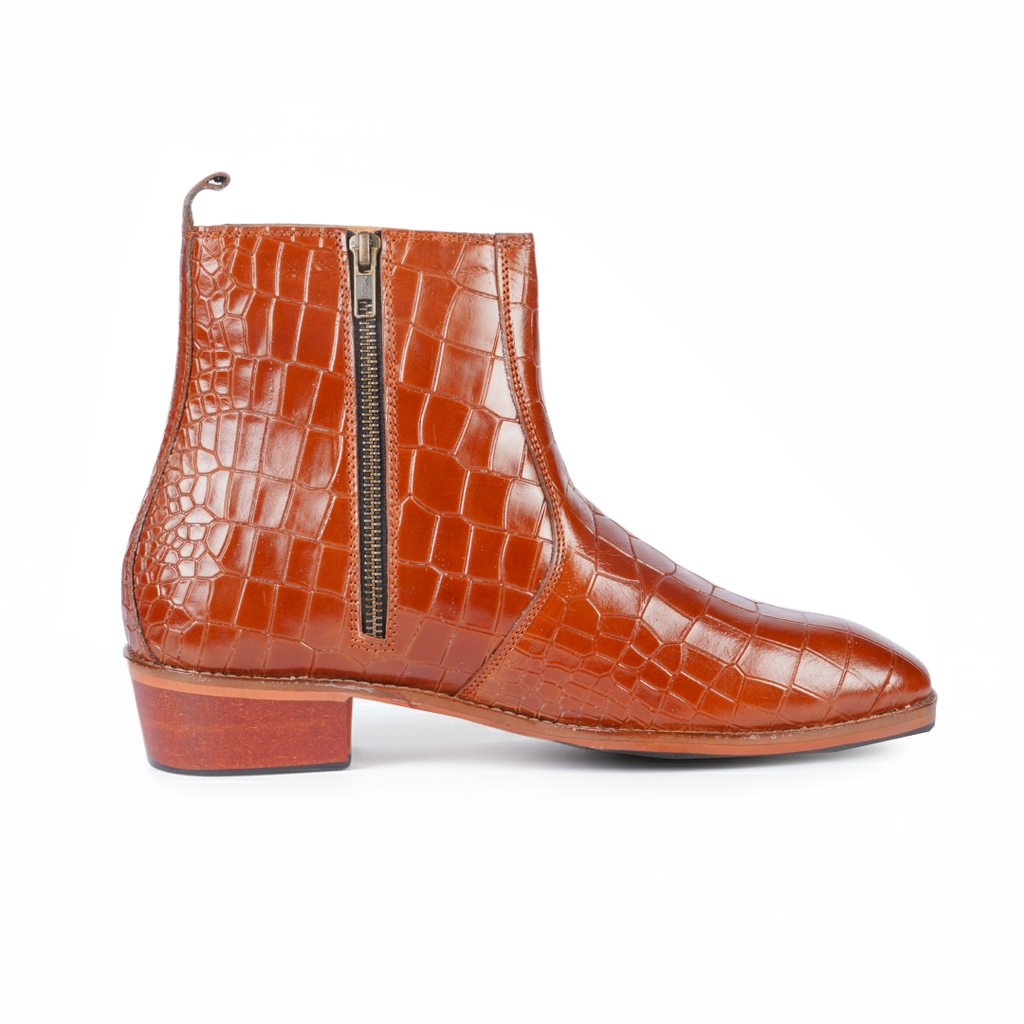 Tan Croco Leather Boot – Italian Shape, Elevated Height, Anti-Slip Sole