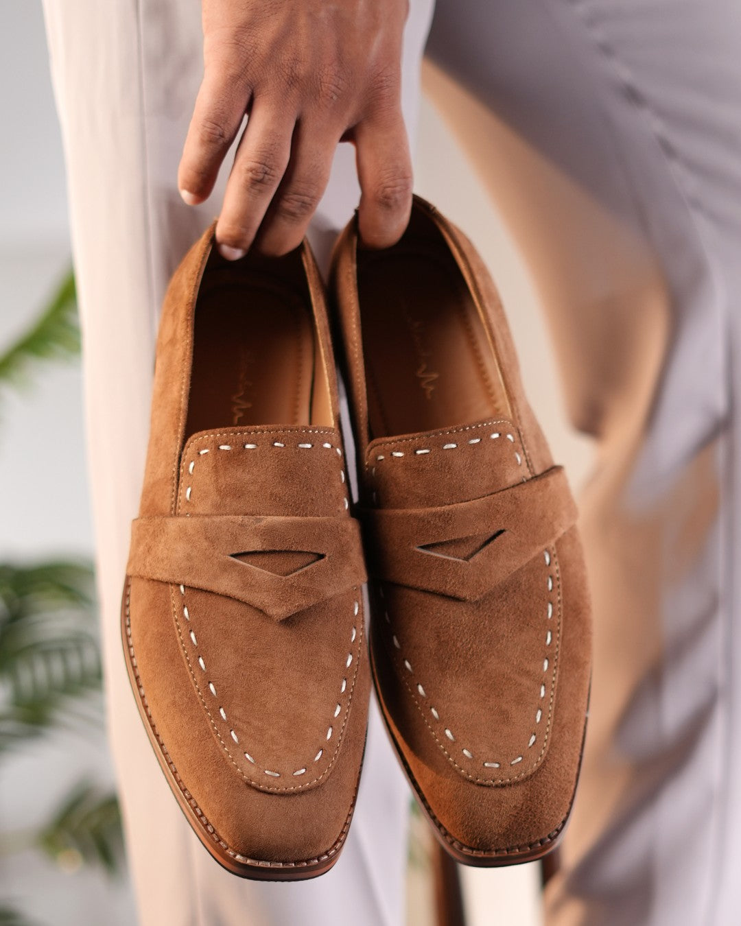 Tan Suede White Punch Loafer