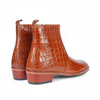 Tan Croco Leather Boot – Italian Shape, Elevated Height, Anti-Slip Sole
