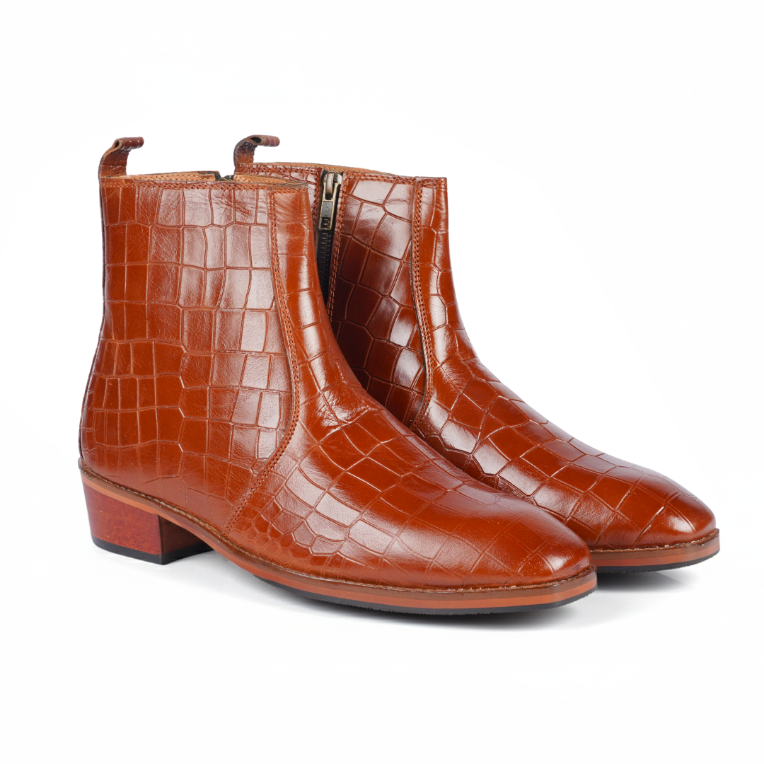 Tan Croco Leather Boot – Italian Shape, Elevated Height, Anti-Slip Sole