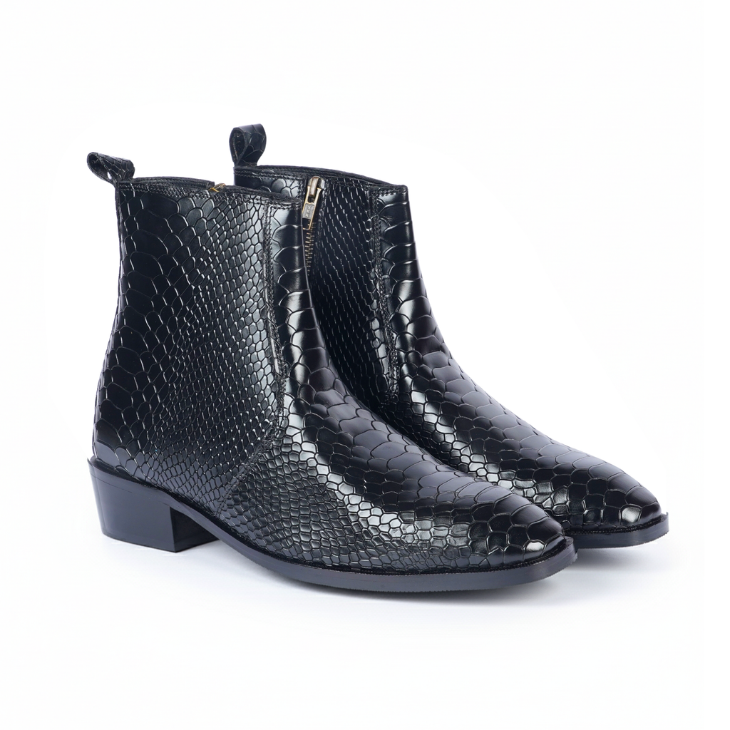 Snake Pattern Leather Boots – Textured Design, Knock Sound Sole & Elevated Comfort