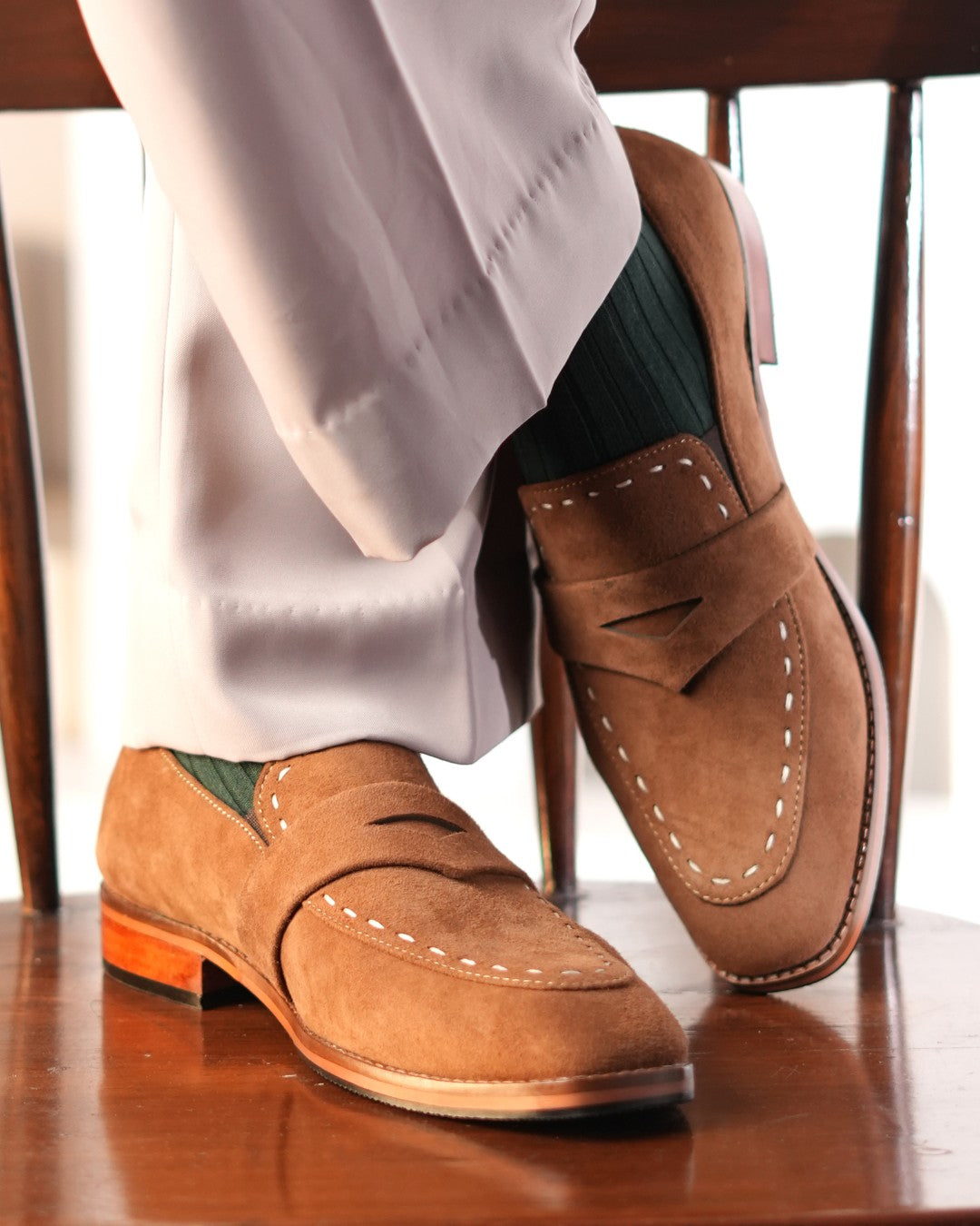 Tan Suede White Punch Loafer