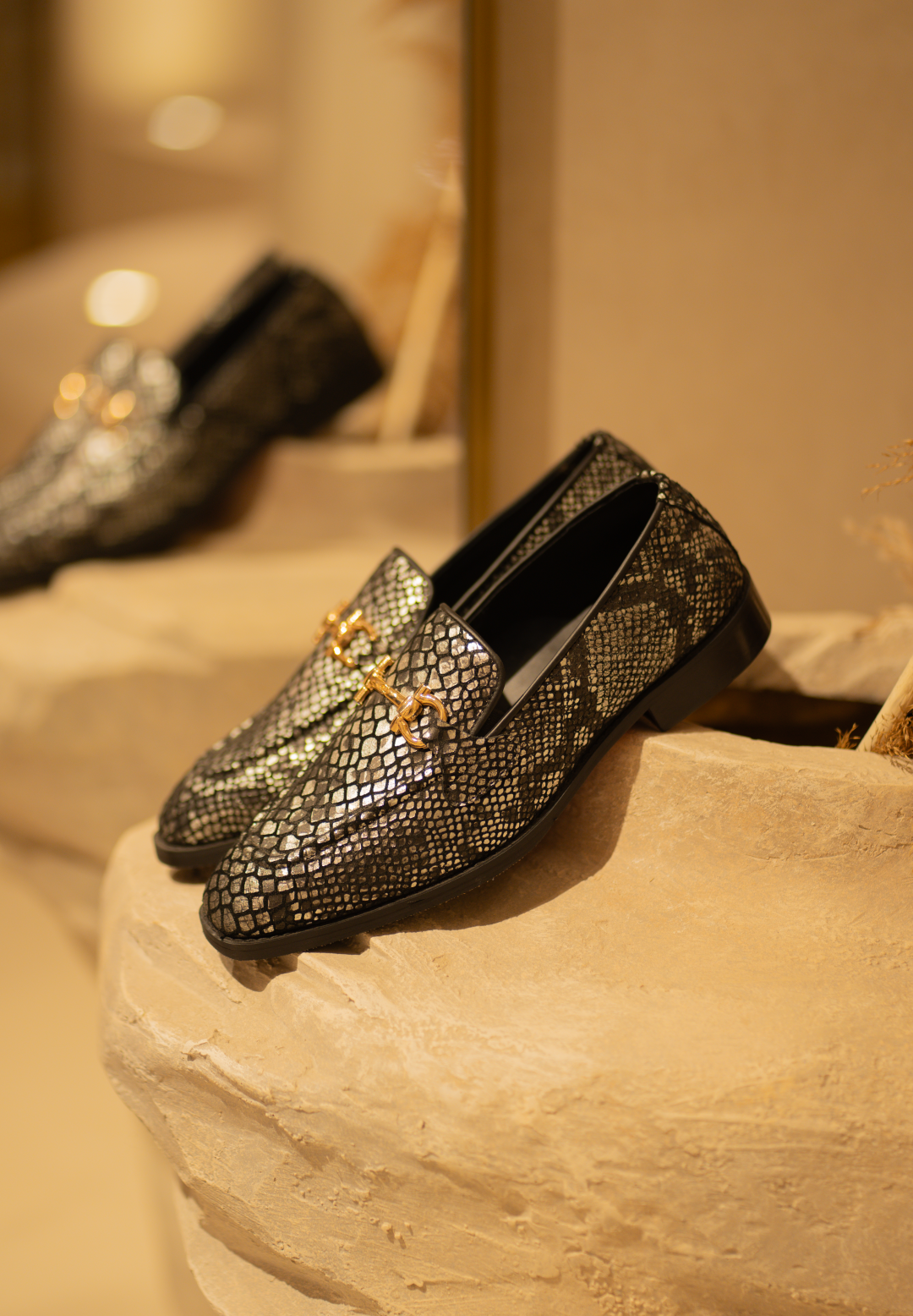 SILVER SNAKE MOCCASINS – Statement Party Wear