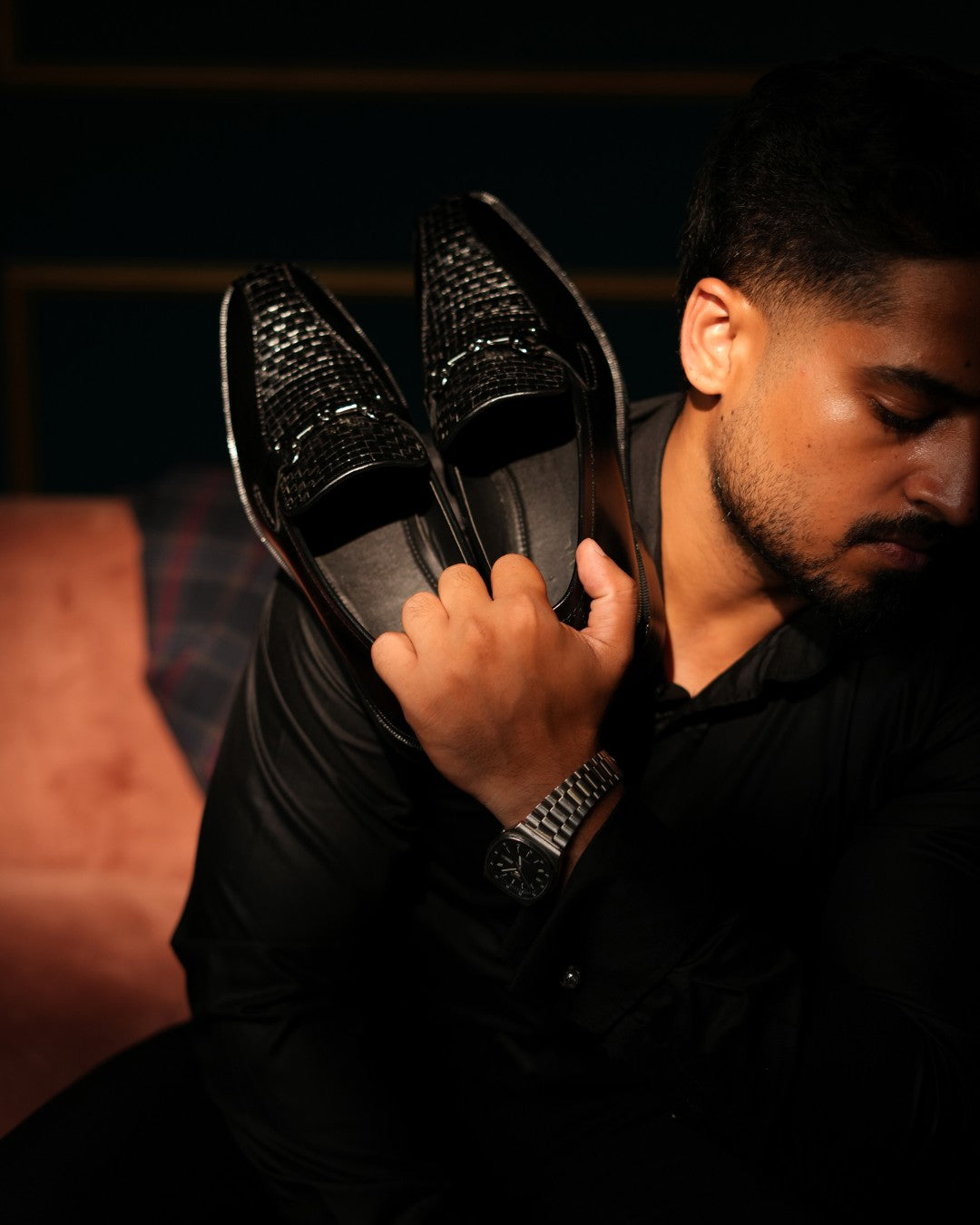 Black Italian Handmade Woven Moccasin