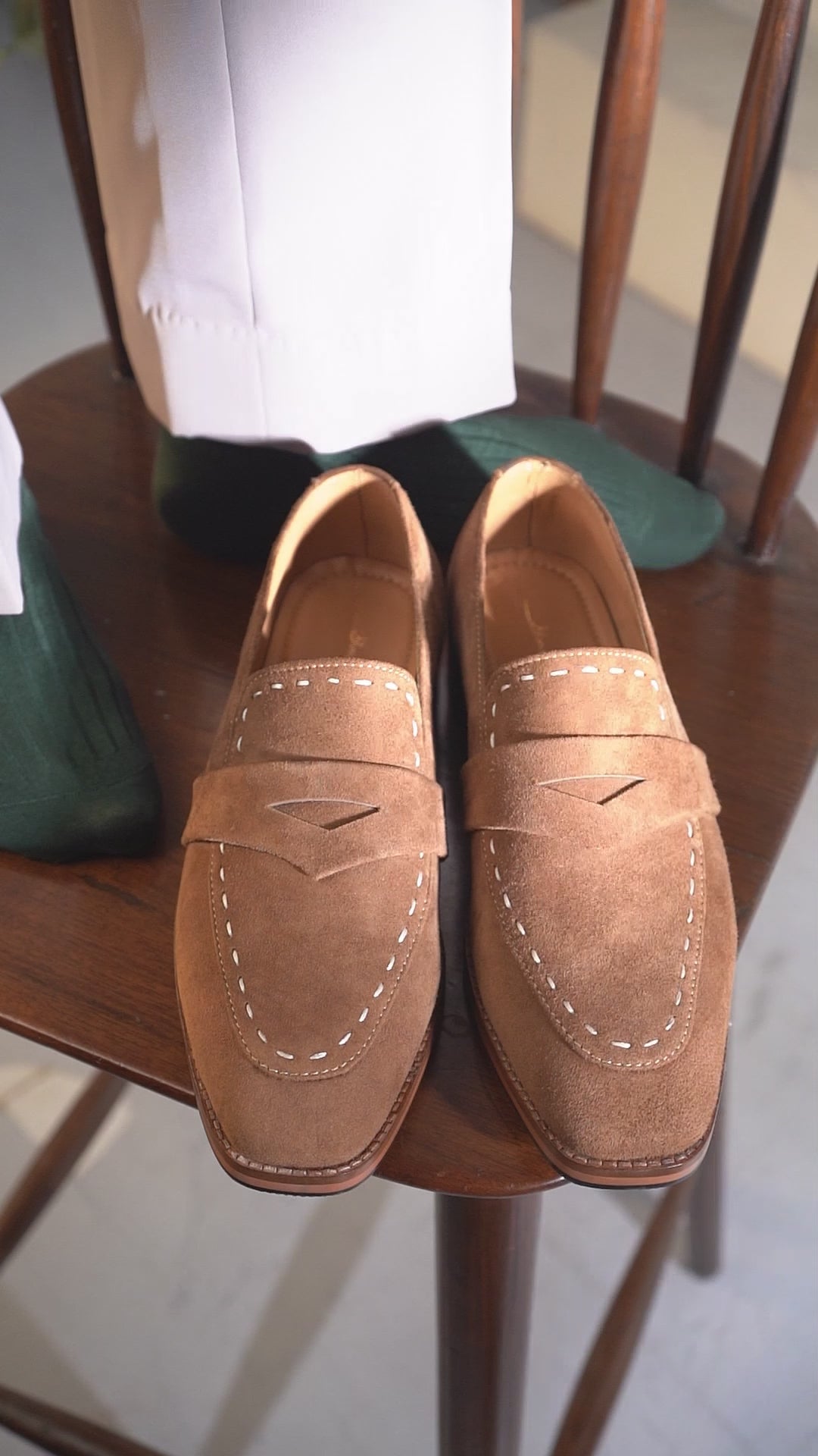 Tan Suede White Punch Loafer